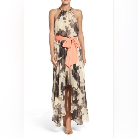 Eliza J Floral Print Maxi Dress Cream/Black with Apricot Sash Belt. Size 6 - Picture 1 of 8